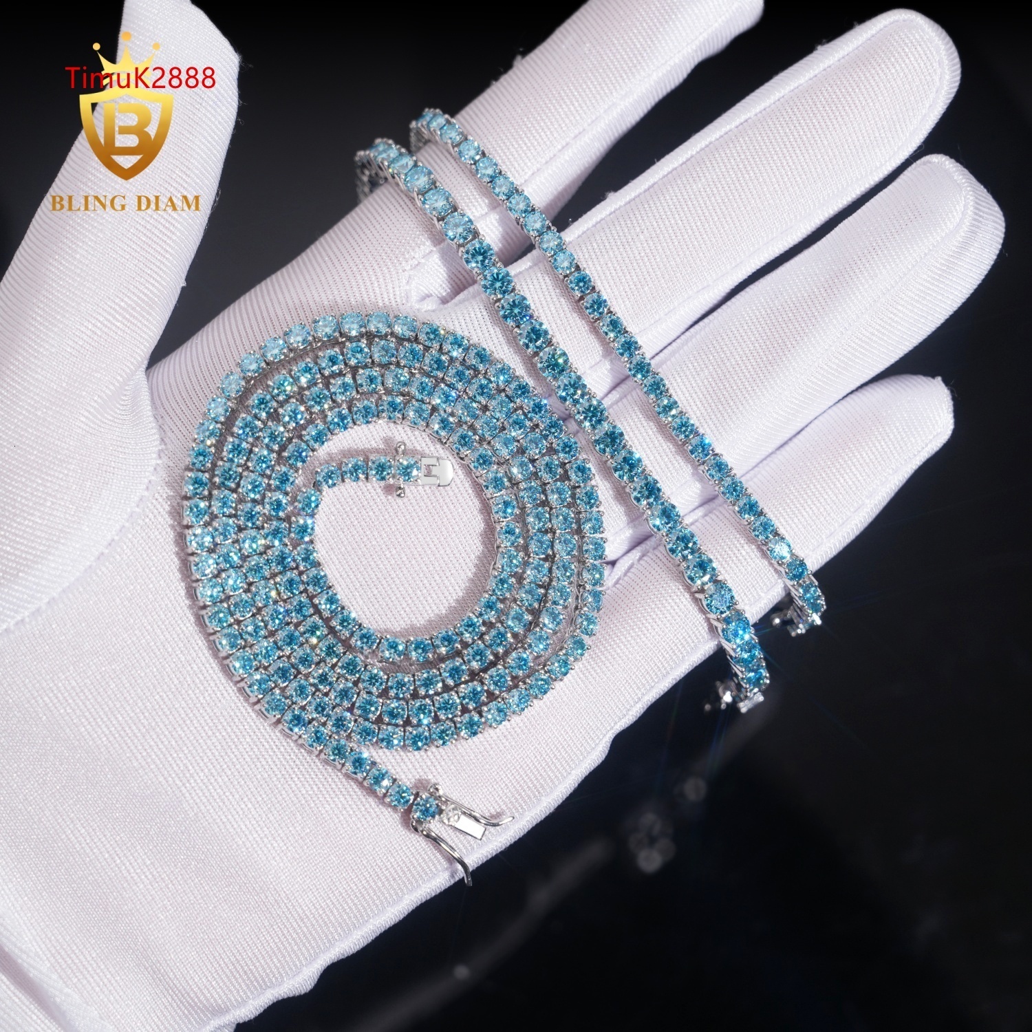 High Quality 925 Sterling Silver Iced Out Hip Hop Jewelry Sea Blue Moissanite 3mm 4mm 5mm Tennis Chain Necklace