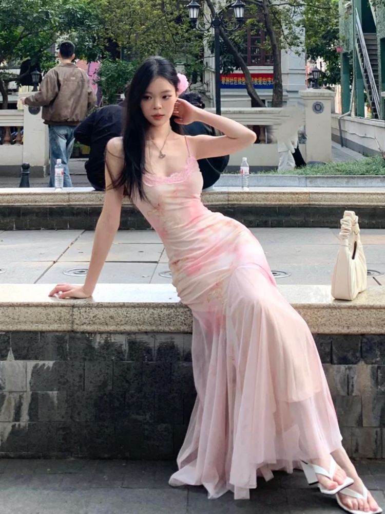 D1232 Summer Women's French Style Dress, Pink Tulle Skirt, Sexy Bodycon, Slim Fit, Fishtail Skirt