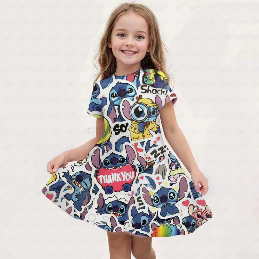 Disney Summer Disney Stitch And Angel Dress For Girls Women Short Sleeve Costume Princess Party Dresses Children Skirt Toddler Clothes W20250416