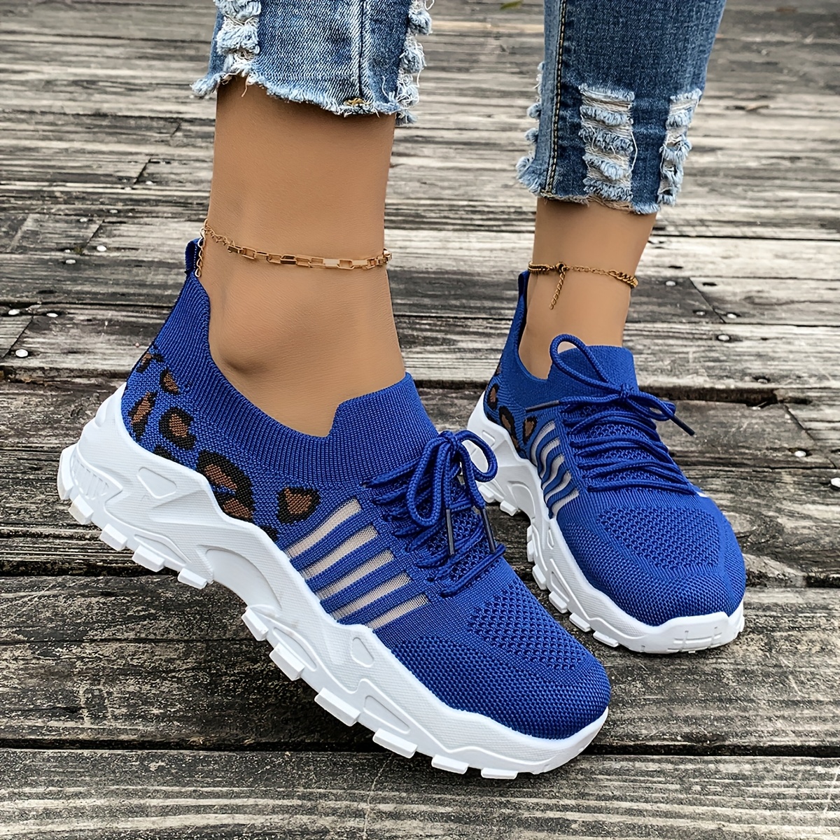 Women's Casual Athletic Sneakers Breathable Mesh Leopard Print, Lightweight Lace Up Running Shoes
