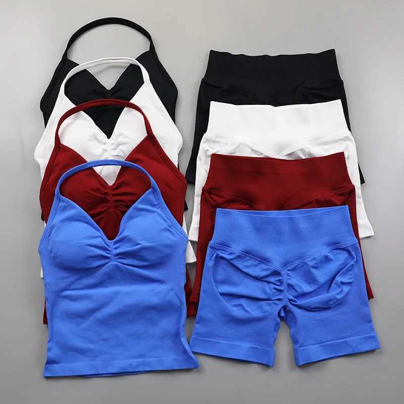 Impact seamless yoga set womens 2Pcs pad hanger tank top threaded hip lift gym shorts set summer sportswear workout suit Z250415