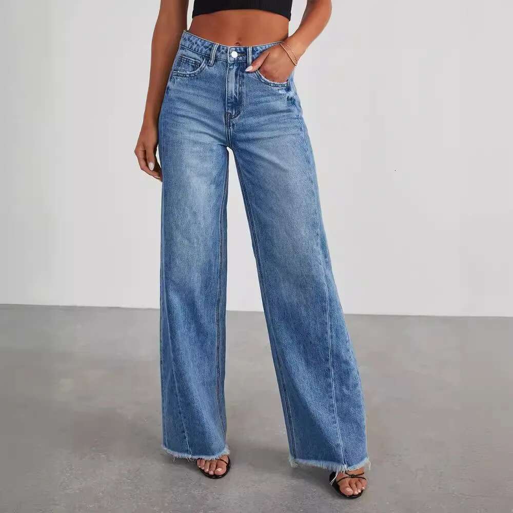 Designer Clothing Jeans Women Straight Long Pants Casual Or Length Mom Pant Blue High Waist Elegant Splice Pockets Slim Y2k Denim Trousers