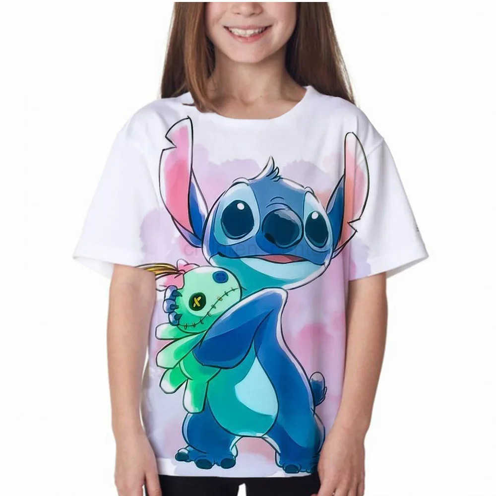 Disney 2024 Summer Disney Stitch Kids 3D Print Tees 1-14 Years T-shirt Children Cartoon Style Tops Short Sleeves Tees Kids T Shirt W250617