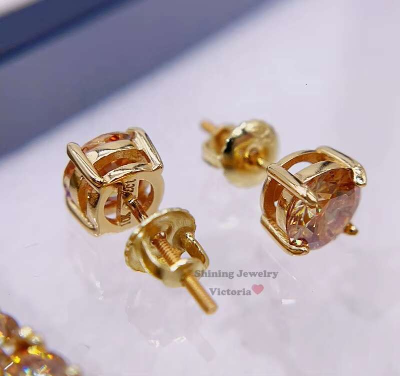 4MM Sterling Silver Yellow Gold Champagne Color Moissanite Cross Charm Jewelry Set Tennis Chain Set with 6.5mm Stud Earrings