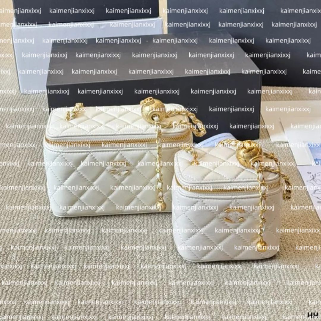 10cm vanity case box designer bag makeup luxury caviar leather crush pearl small gold ball metal hardware shoulder handbags cosmetic case purse suitcase carryon bag