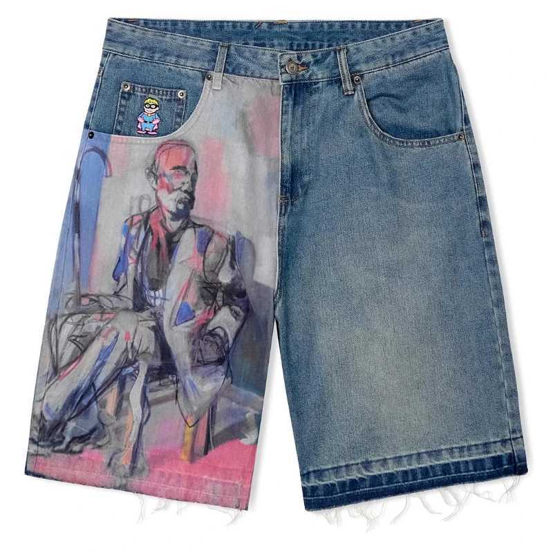 Y2K retro bag denim shorts art pattern decal embroidery high-quality hip-hop jeans mens street graffiti clothing Z250416