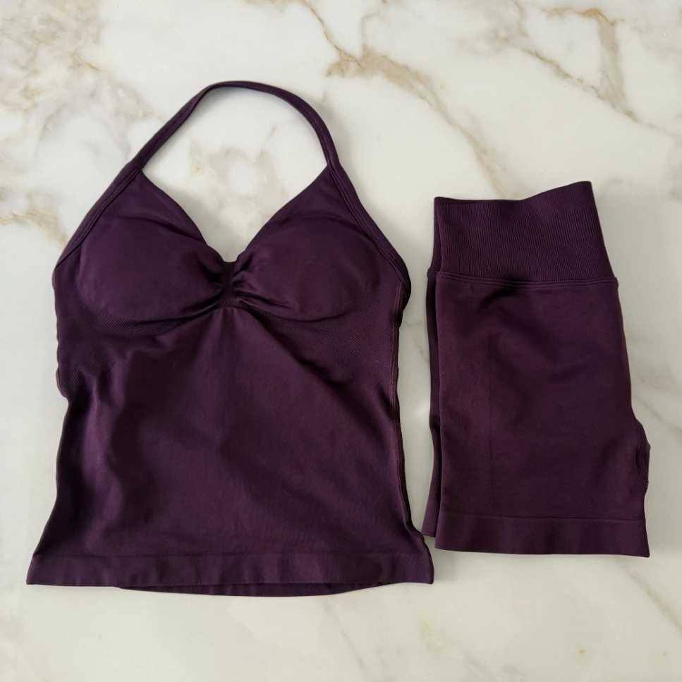 Impact Gym Set 2-piece long line shoulder strap top sports vest Scrunch shorts sports sling set fitness clothing seam yoga setXJ250415