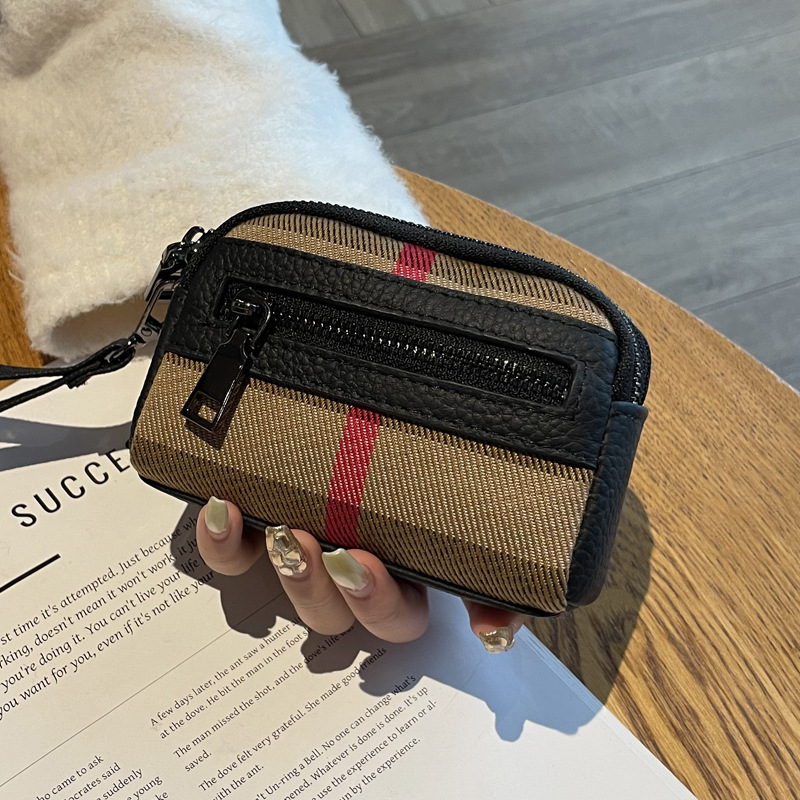 Exquisite plaid coin purse women's new design, double-layer large capacity zipper storage bag caramel black