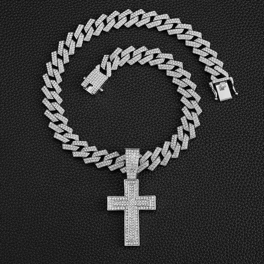 DHcollection NEW 15mm Width Iced Out Miami Chain With Hip Hop Alloy and Rhie Double Cross Pendant Necklace
