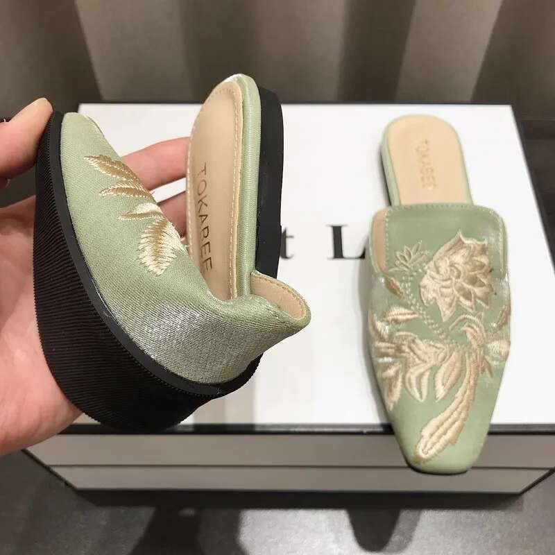 Women's Mules Slippers Summer Footwear Flats Retro Chinese Style wers Elegant Dress Low Heel Sandals Designer Slides on sales