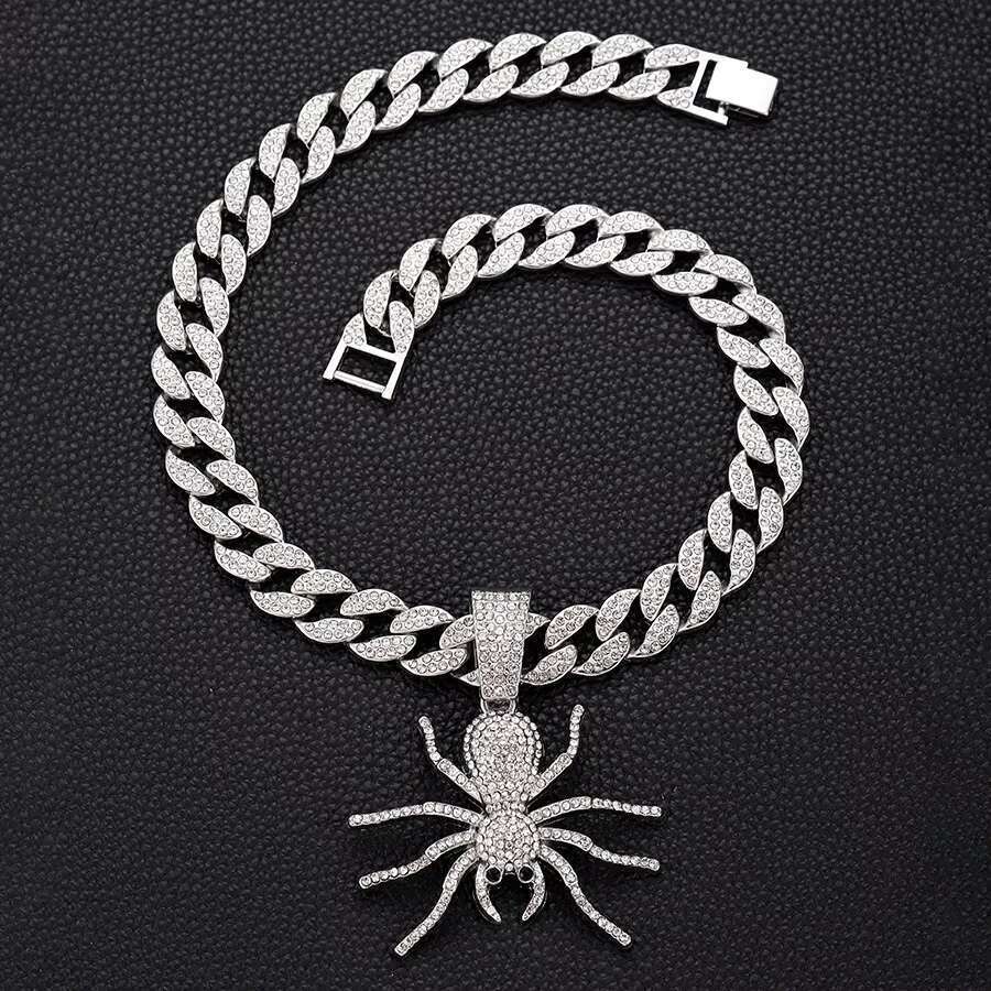 DHCollections Spider Pendant Necklace with Iced Out Cuban Link Chain Hip Hop Bling Alloy Accessory for Men Women 18 Inch 1 Piece