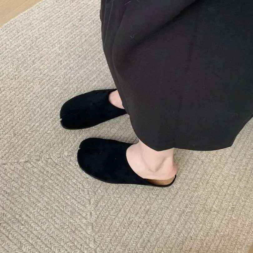 Bailamos Women Split Fur Slippers Tabi Ninja Slip On Flats Round Toe Shallow Lazy Boat Sgback Mules Shoes Soft Warm Loafe