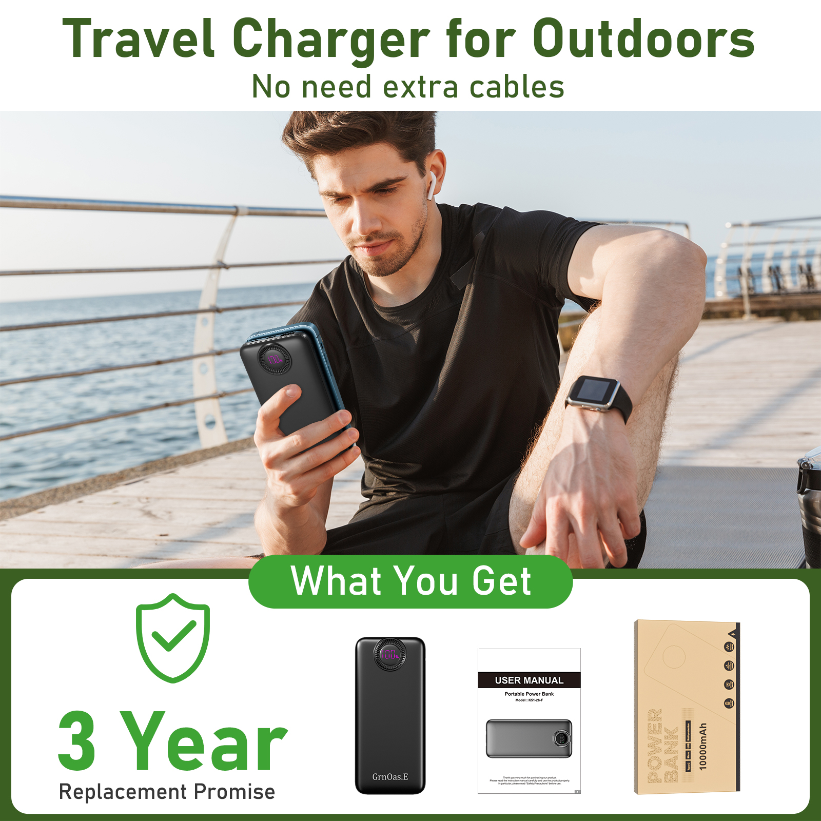 Portable Charger,10000 mAh Power Bank Travel Charger with USB-C(Input&Output),2.4A Fast Charging External Battery Pack Phone Charger Compatibl,White a