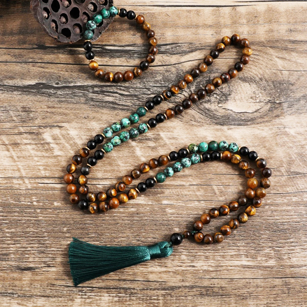 8mm yellow tiger eye Turquesa African black agate Japamala set meditation yoga spiritual jewelry 108 Mala bead tassel necklace 250409