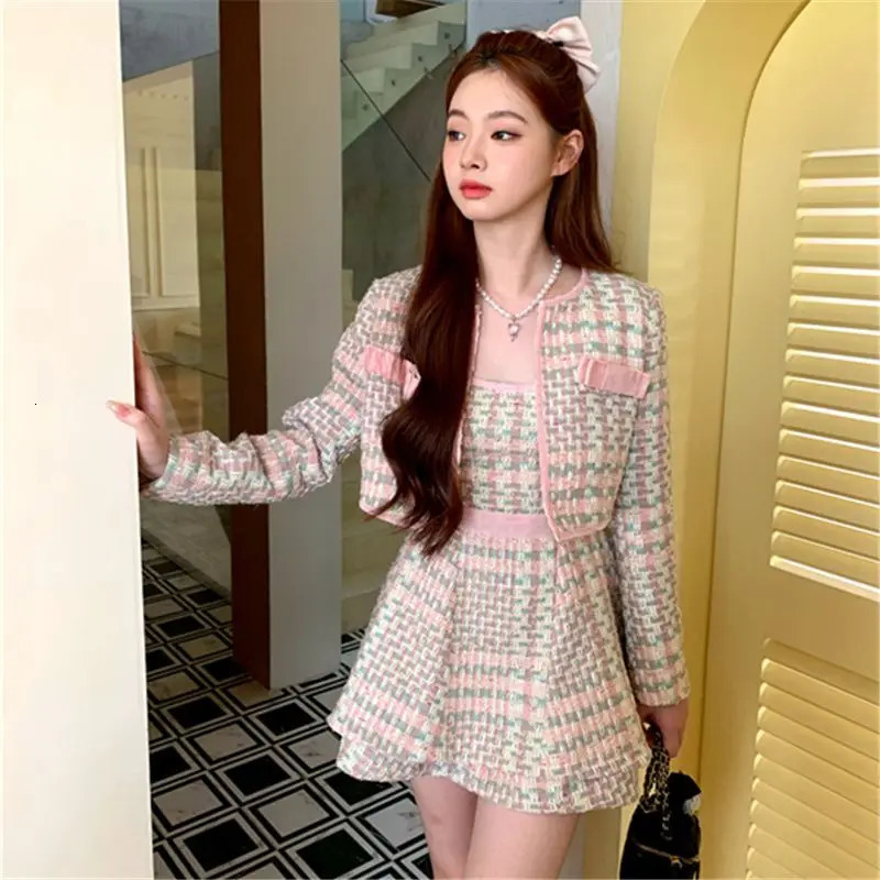 Spring Small Fragrant Style Suit Pink Tweed Short CoatSuspender Dress Set Sweet Girl Fashion Two Piece Sets Women Outfits 251113