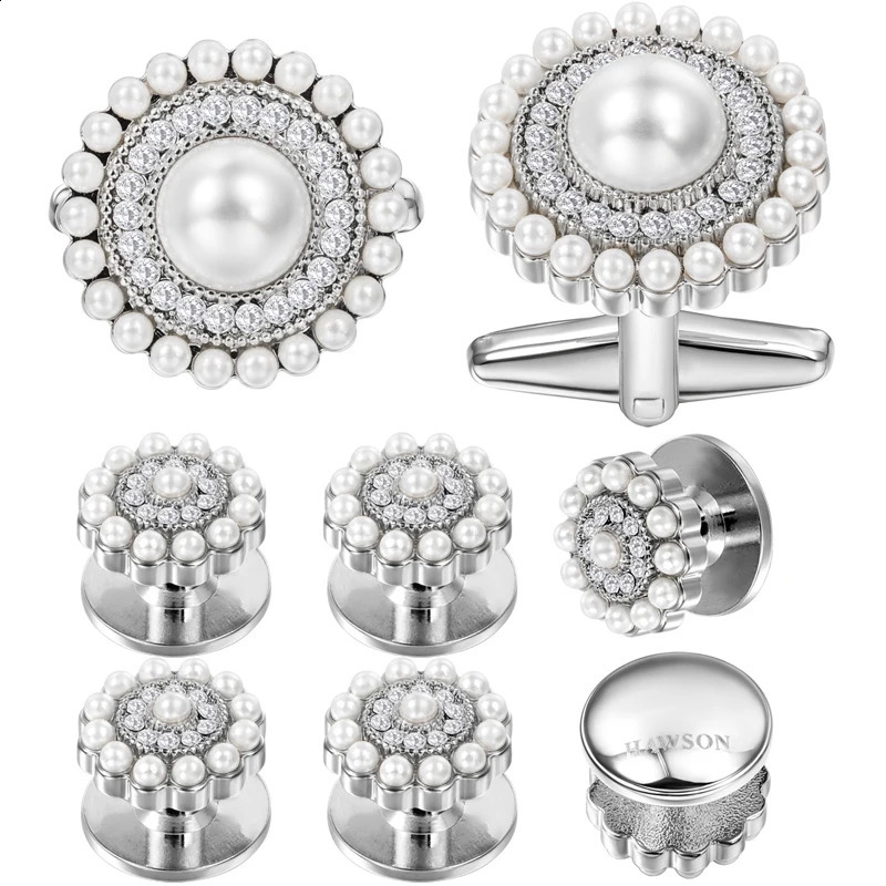 Hassons elegant mens cufflink stud set classic white pearl and crystal tailcoat shirt carved Hasson cuffs 250415