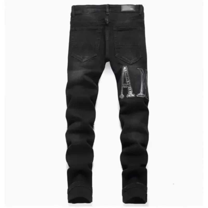 Trendy Korean Style Embroidered Jeans Mens High Waist Slim Fit Stretchy Pants Small Footed Fashionable Cross-Border Casual Trou H251115