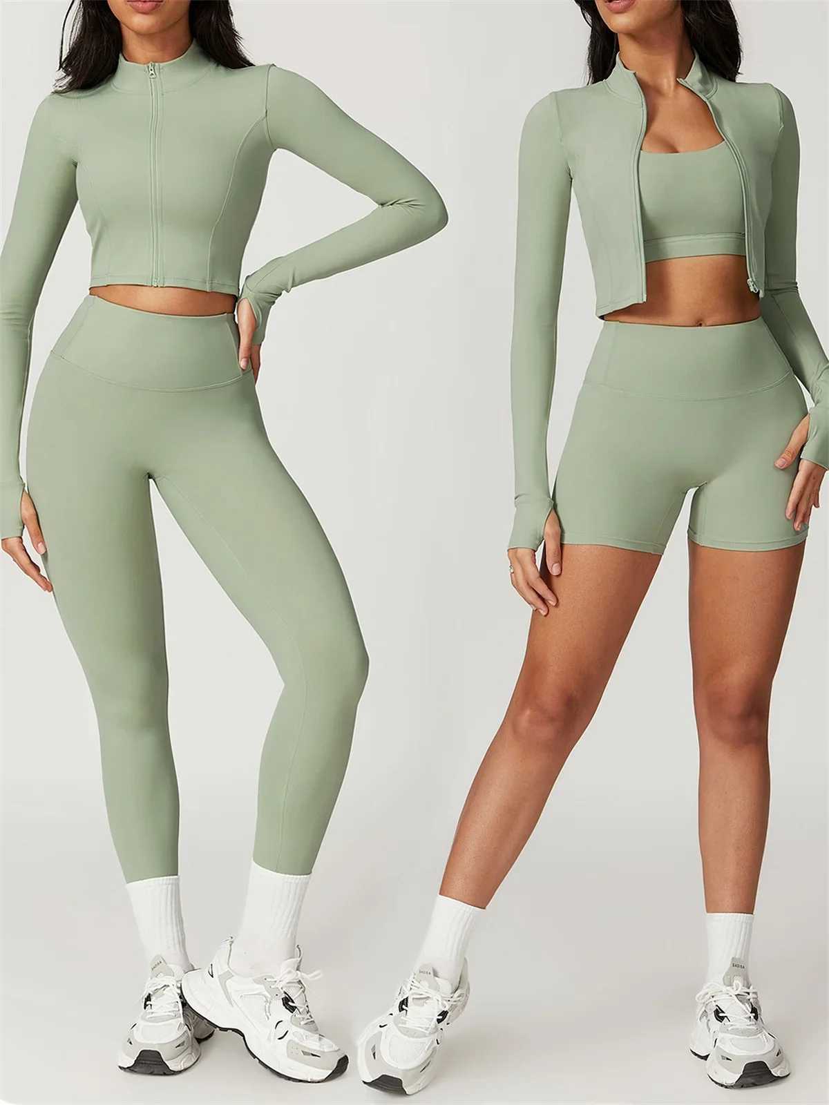 3-piece yoga shorts set suitable for women solid gym clothing suitable for bras seven waist length waist shock-absorbing sportswearXJ250415