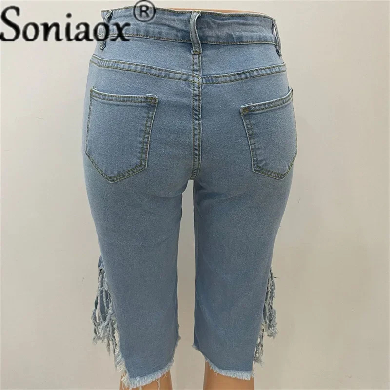 Summer Bermuda Shorts Women Ripped Cotton Knee Length High Waist Casual Denim Shorts Ladies Blue Sexy Straight Jean Shorts 250415