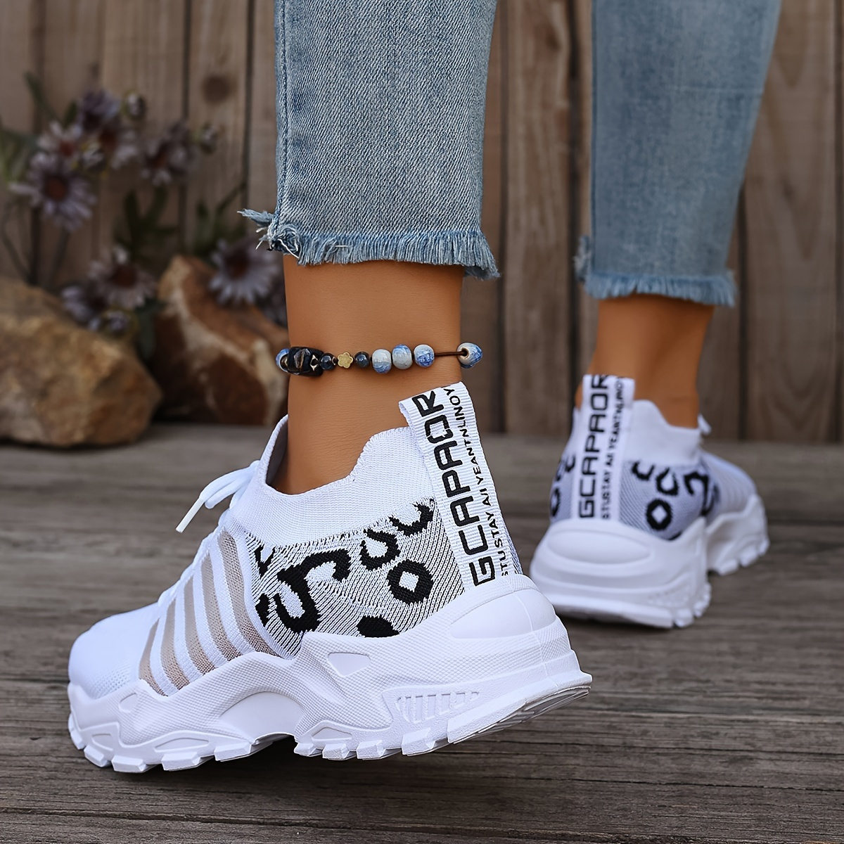 Women's Plus Size Breathable Knit Sneakers Leopard Print Striped Detail, LaceUp Running Shoes with Comfortable Platform Sole