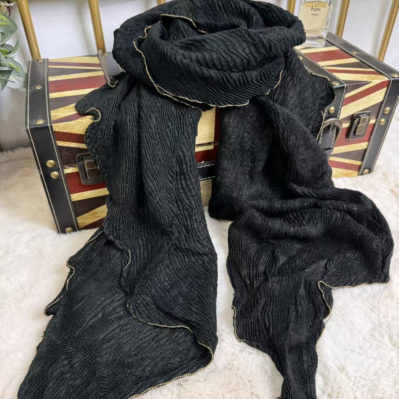 T484 pleated scarf autumn and winter cotton and linen spring and autumn all-match retro new literary warm neck scarf shawl solid color thin