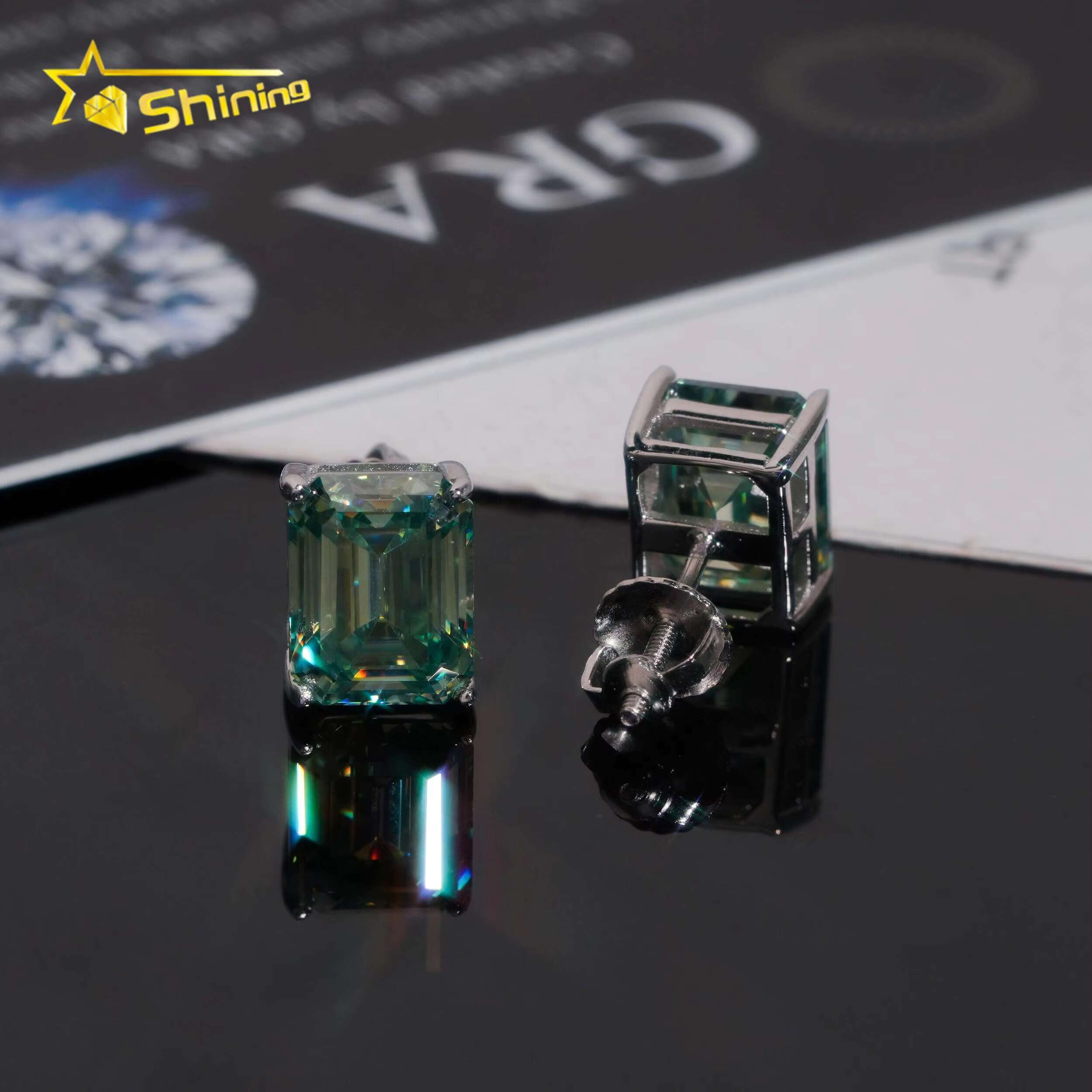 Wholesale Gemstone Moissanite Solitaire Emerald Cut Blue Green Stud 925 Silver Earrings