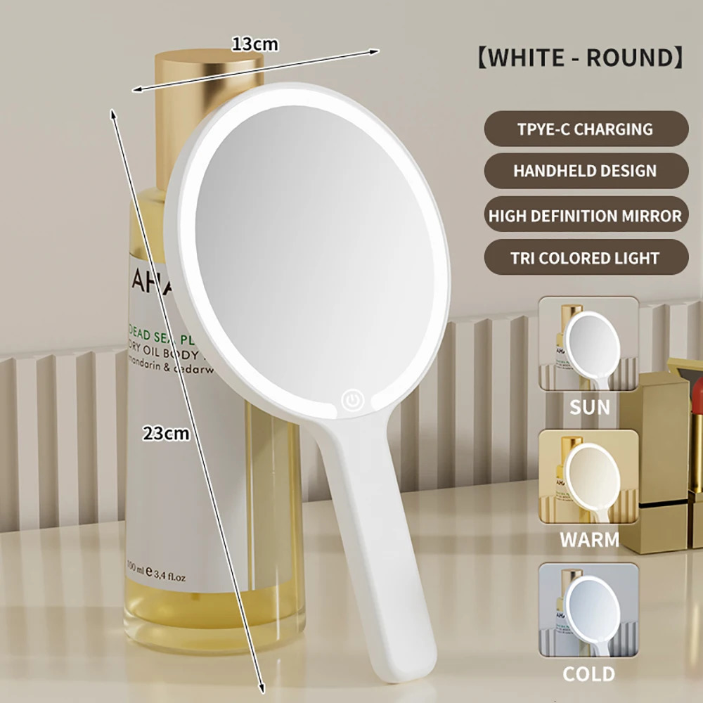 LED Smart Makeup Mirror Hand-held Carry 3 Colors Adjust Bright with Touch Screen Cosmetic Tabletop Vanty Mirror Travel Home Use 250415