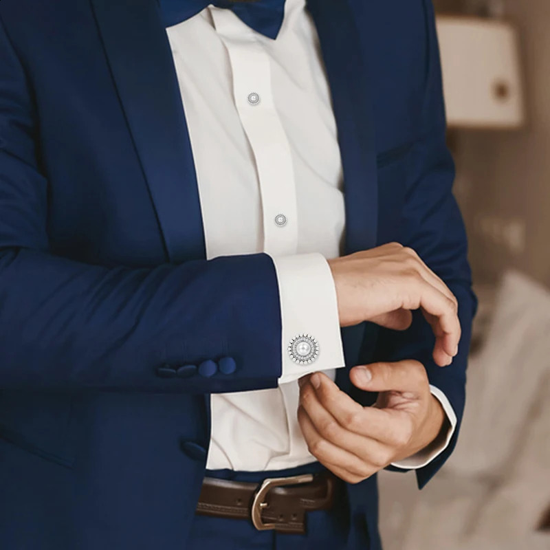 Hassons elegant mens cufflink stud set classic white pearl and crystal tailcoat shirt carved Hasson cuffs 250415