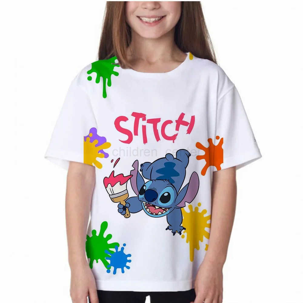 Disney 2024 Summer Disney Stitch Kids 3D Print Tees 1-14 Years T-shirt Children Cartoon Style Tops Short Sleeves Tees Kids T Shirt W250617