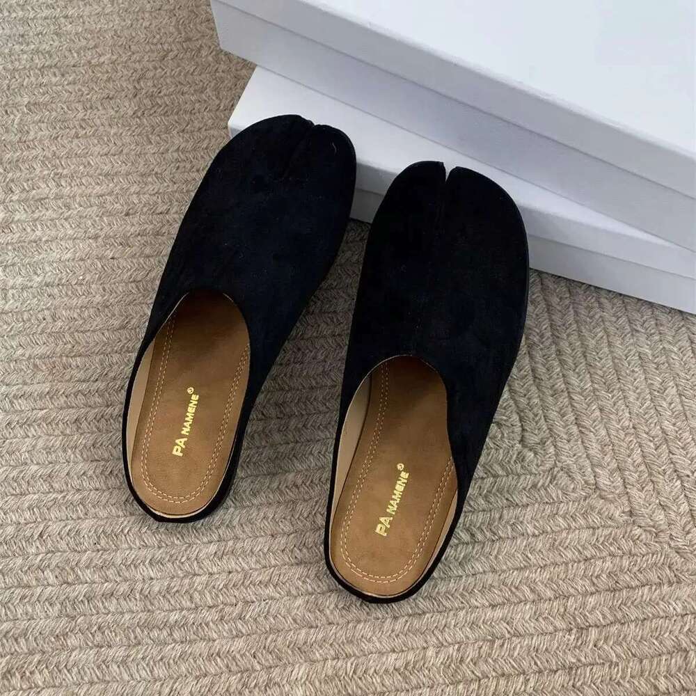 Bailamos Women Split Fur Slippers Tabi Ninja Slip On Flats Round Toe Shallow Lazy Boat Sgback Mules Shoes Soft Warm Loafe