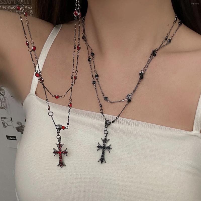 Pendant Necklaces Neo-Gothic Red Rhinestone Cross For Women Choker Punk Vintage Bilayer Beaded Black Crystal Chain Neck Jewelry
