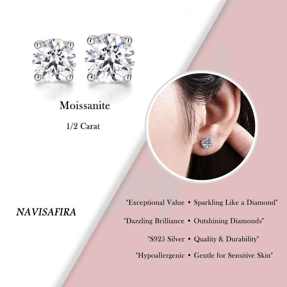 S sier 1ct 2ct round cut D color moissanite stud earrings for women engagement anniversary fine jewelry gift