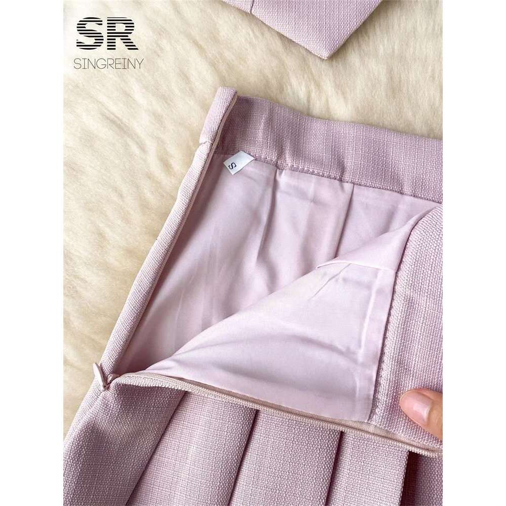 SINGREINY French 2Pcs Suit Women Summer Single Breasted Basic Camisole+Zipper Design Pleated Skirt Ladies Fashion Two Pieces Set