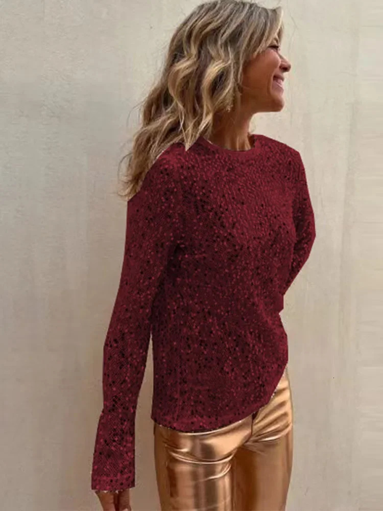 Fashion Sequins O-neck Womens T-Shirt Casual Shiny Long Sleeve Pullover Spring Summer Fashion Solid Loose Outwear Tops 250415