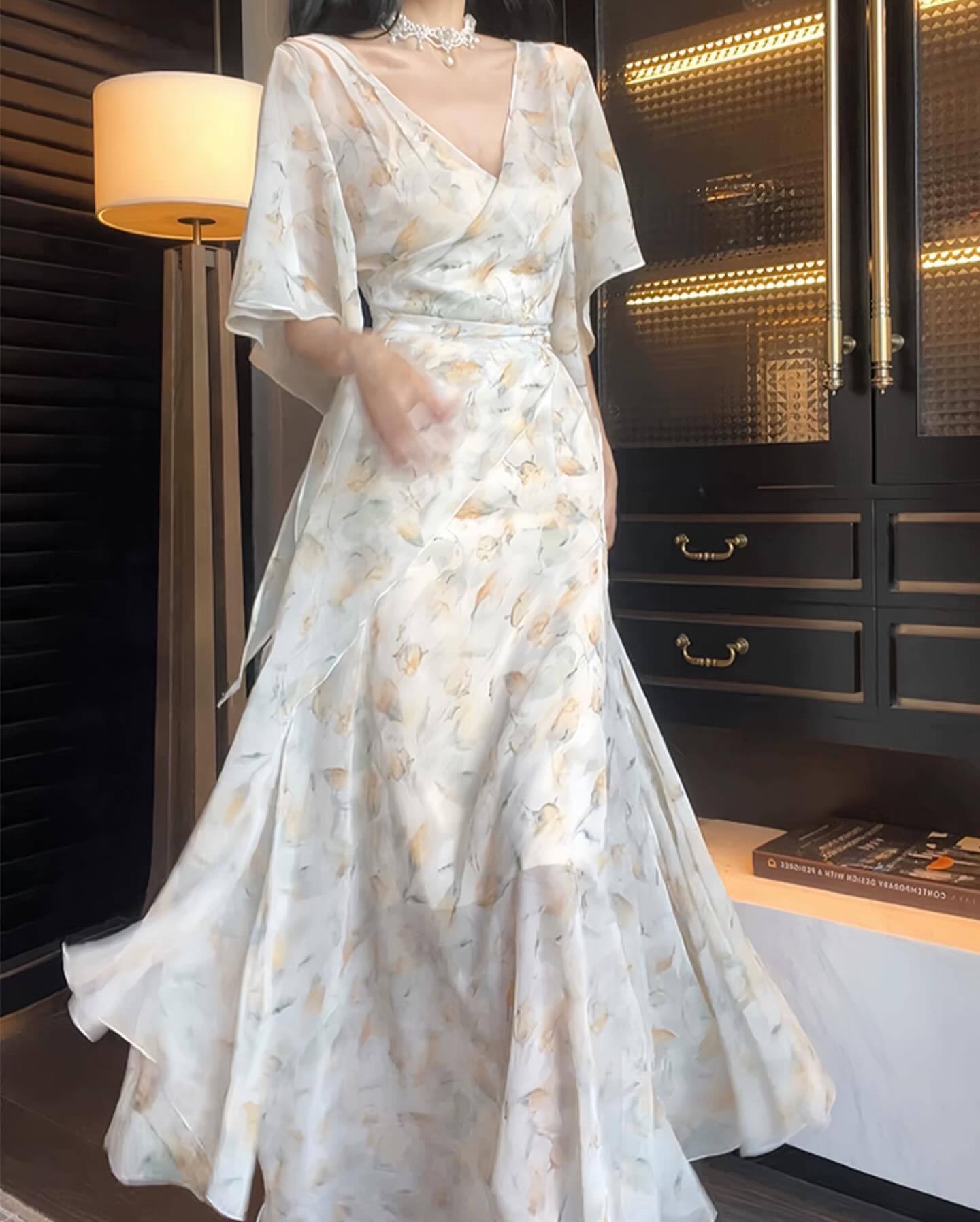 Y100 Sleeve Chiffon Floral Dress Waist Irregular Fairy Long Dress