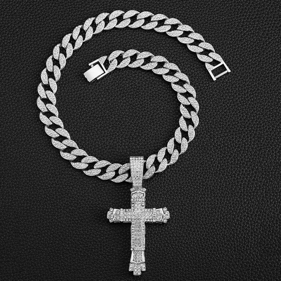 DHcollection Iced Out 15mm Width Cuban k Chain With Hip Hop Alloy and Rhie Big Buckle Cross Pendant Necklace