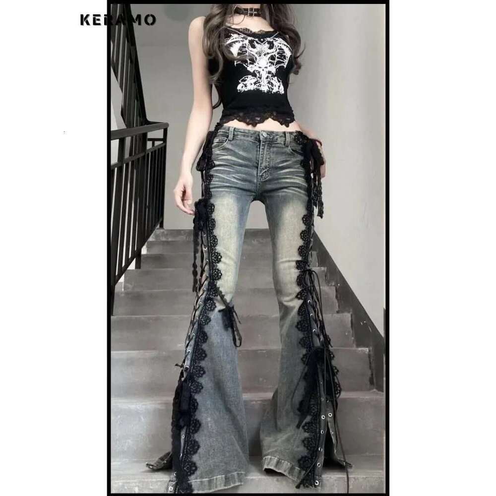 Hotsweet Retro Lace Grunge Street Jean Lace-Up Hollow Out Sheath Pants Women Bubblegum Coquette Casual Y2k Slim Denim Trouser