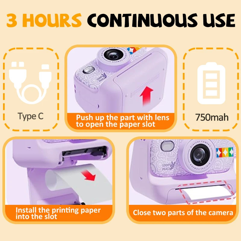 Color Instant Print Camera for kids Christmas Birthday Gifts for Girls Boys HD Digital Video Cameras No Ink Thermal Paper 251114