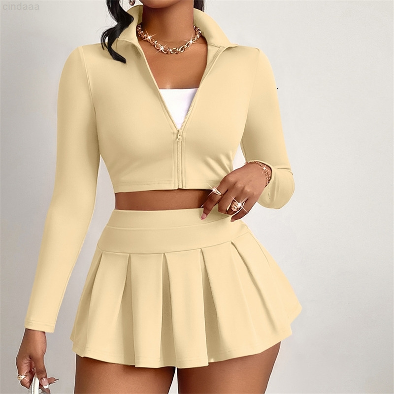 2025 Spring Casual Womens Clothing Solid Color Sexy Style Long Sleeve Top Short Skirt Set 4 Colors