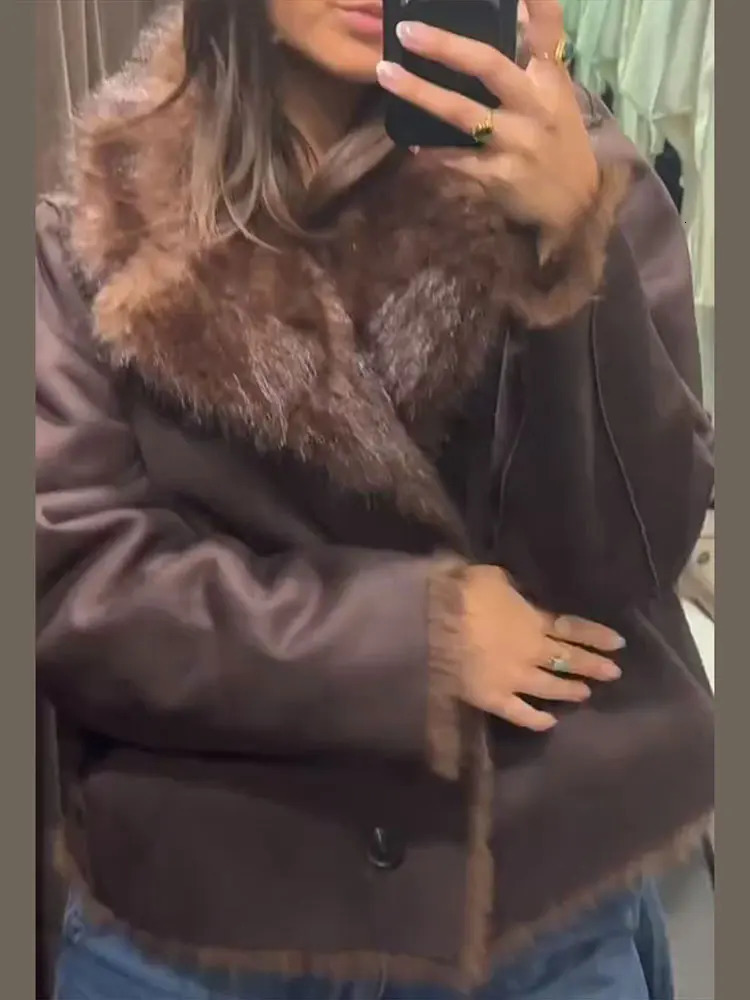 Womens Reversible Faux Fur Coats Leather Windbreaker Jackets Winter Warmed Tops Outwear Casual Wear Woman Daily Clothes 251104