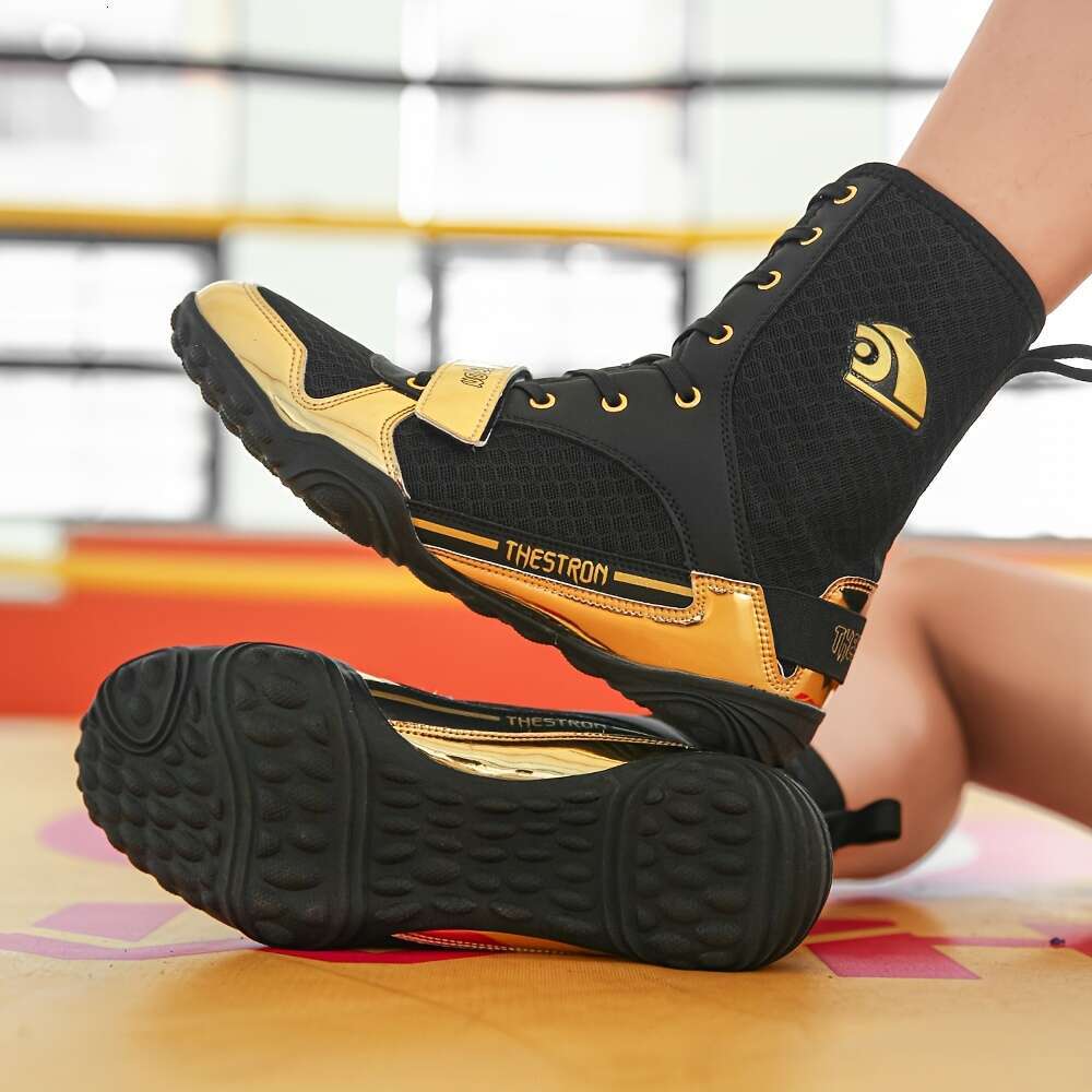 Men Boxing Martial Arts Training Shoes, Lightweight, Non Slip, High Top Design, Solid Color, All Season, With PU Upper, Inner, Rubber Sole