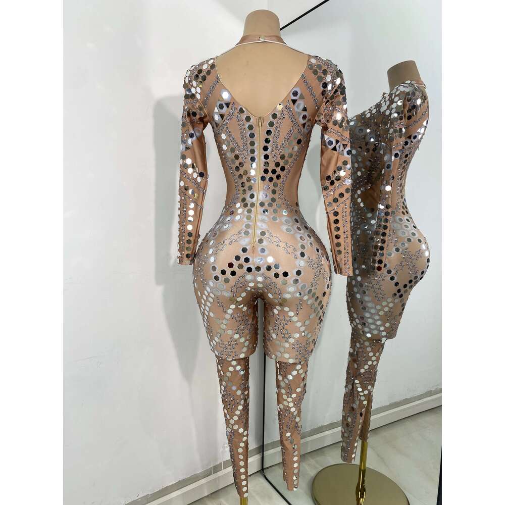 Women Sexy Spandex Tight Jumpsuit Long Sleeve Mirrors Cosplay Costume Nightclub Dancer Outfit Performance Stage Wear