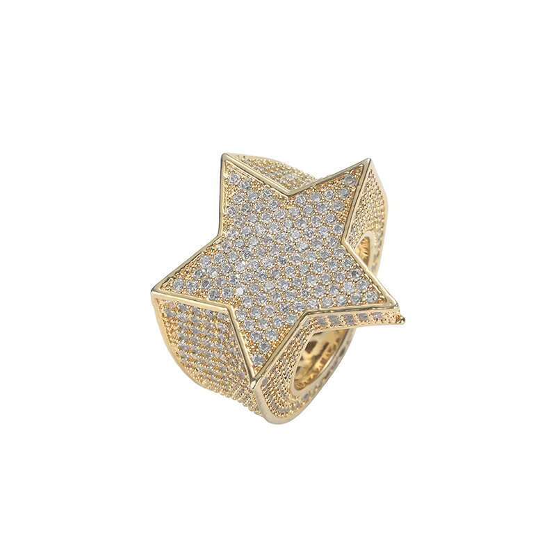 DHcollections RQ New Five Star Micro Shop Inlaid Gold Hip Hop Ice Crystal Cube Zircon Jewelry Gift Ring