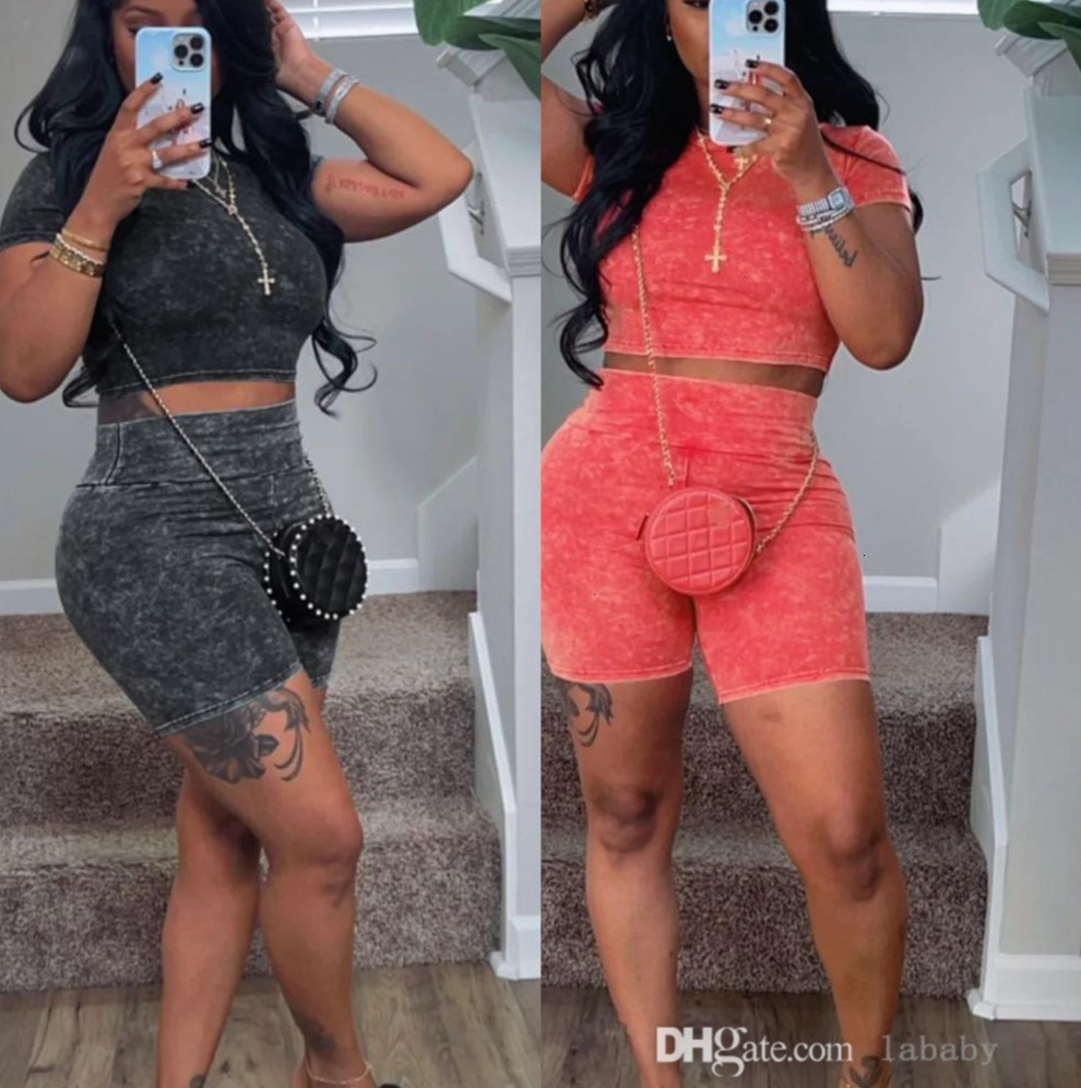 Fashion Womens Tracksuit Cotton Washed Vintage Two 2 Piece Set Short Sleeve T-shirt Crop Top High Waist Shorts 2Pcs Sets For Women Outfits