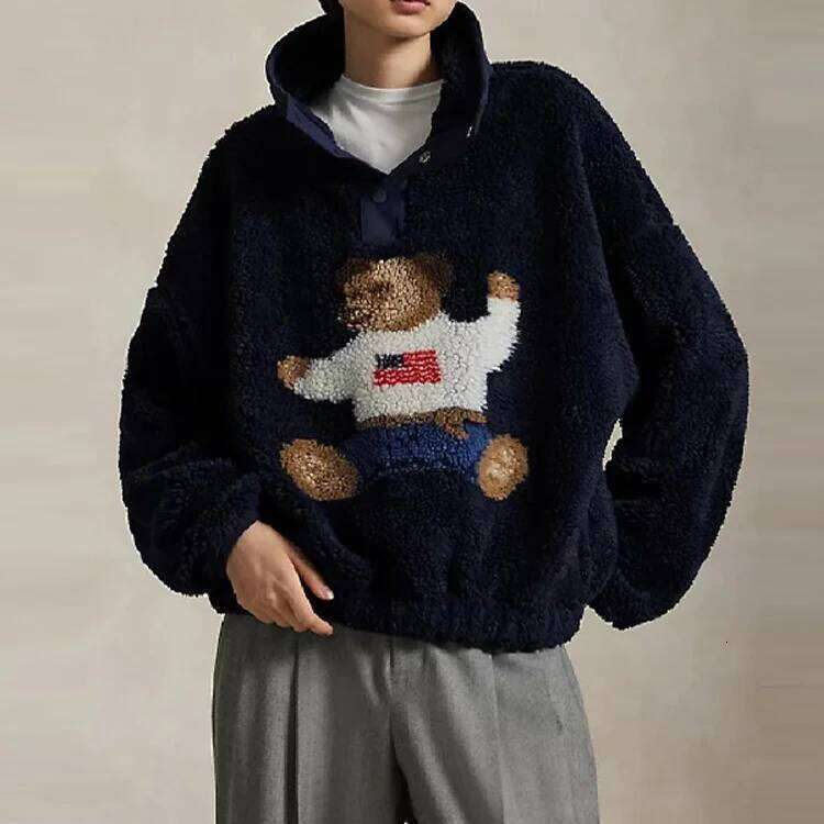 Autumn Winter Soft Cartoon Bear Lamb Jacket For Women Stand Neck Long Sleeve Loose Coat New Lady Warm Thick Outwears