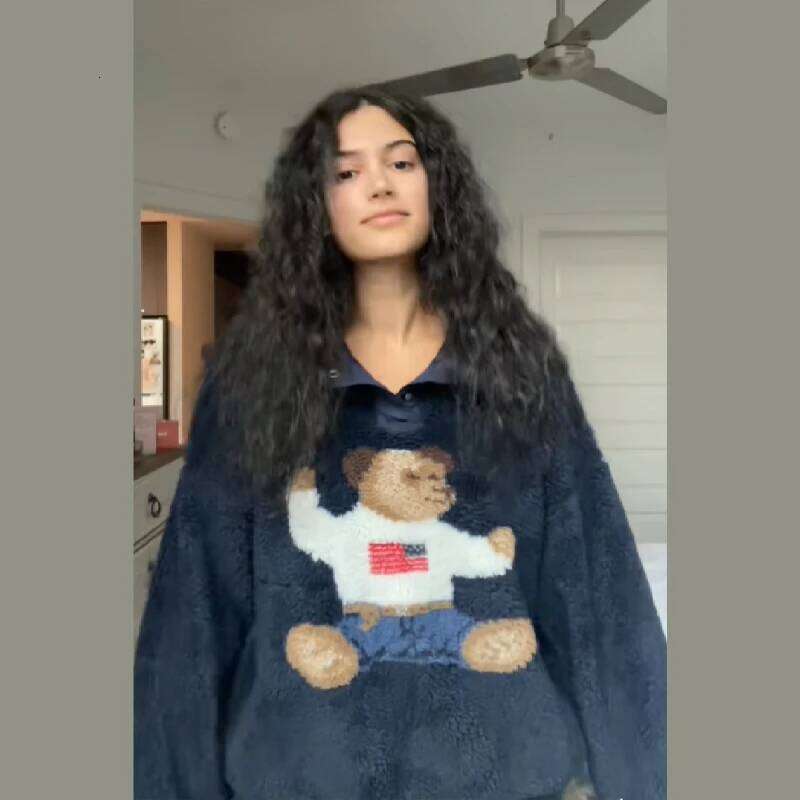 Autumn Winter Soft Cartoon Bear Lamb Jacket For Women Stand Neck Long Sleeve Loose Coat New Lady Warm Thick Outwears