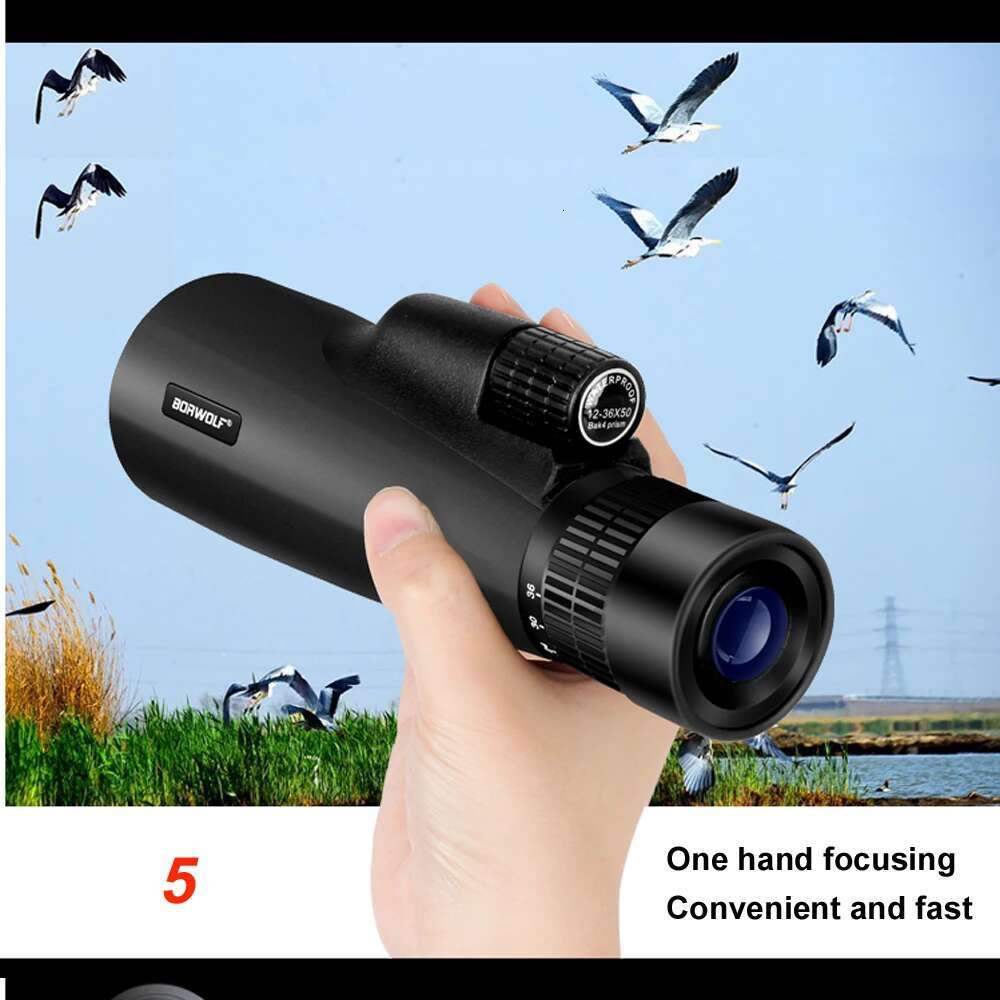 Borwolf 12-36X50 Telescope Bak4 Prism Optical Lens High Power Hunting Birdwatching Monocular Light Night Vision Binoculars