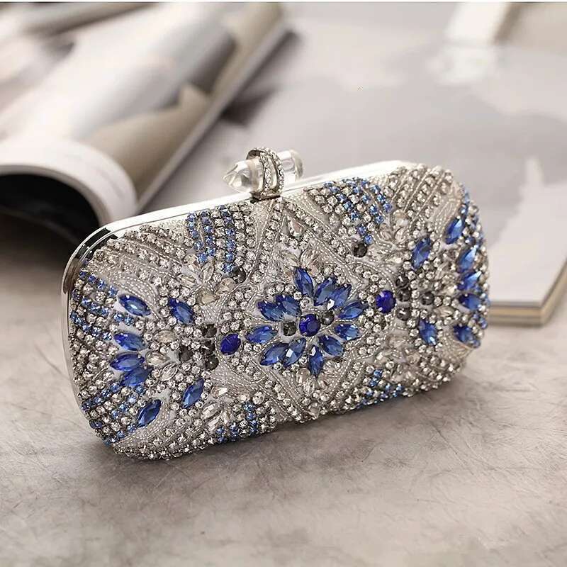 Women Party Blue Evening Wedding Purse Crystal Chain Shoulder Bag High Quality Rhie Female Clutch