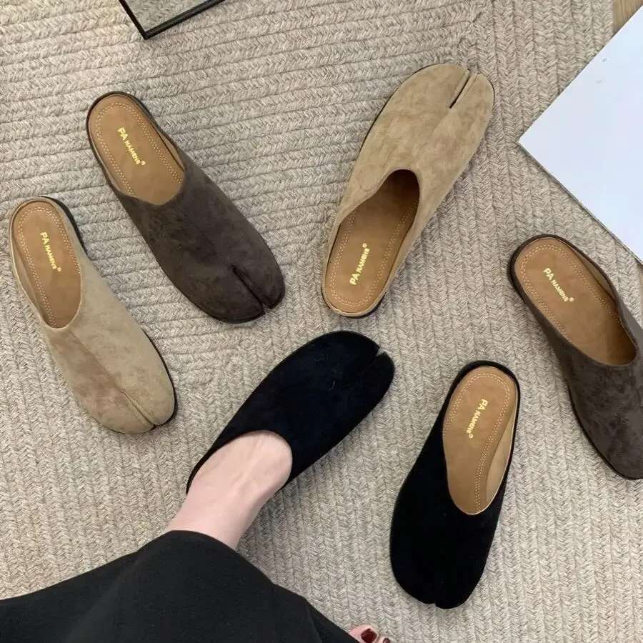 Bailamos Women Split Fur Slippers Tabi Ninja Slip On Flats Round Toe Shallow Lazy Boat Sgback Mules Shoes Soft Warm Loafe