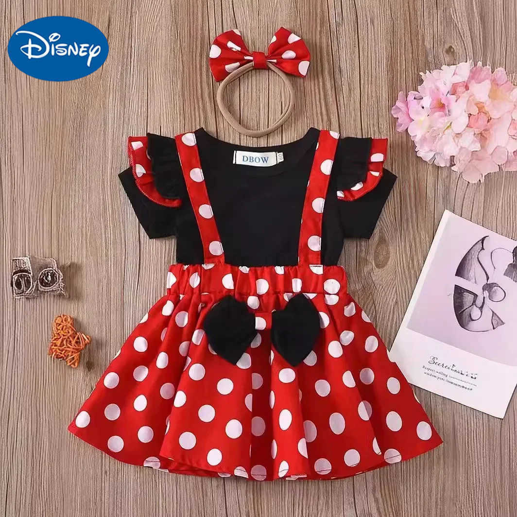 Disney Minnie Mouse Girl Suit Childrens Dress Baby Clothes Set Summer Birthday Costume Polka Dot Sundress Bow Headband Skirt Set W20250416